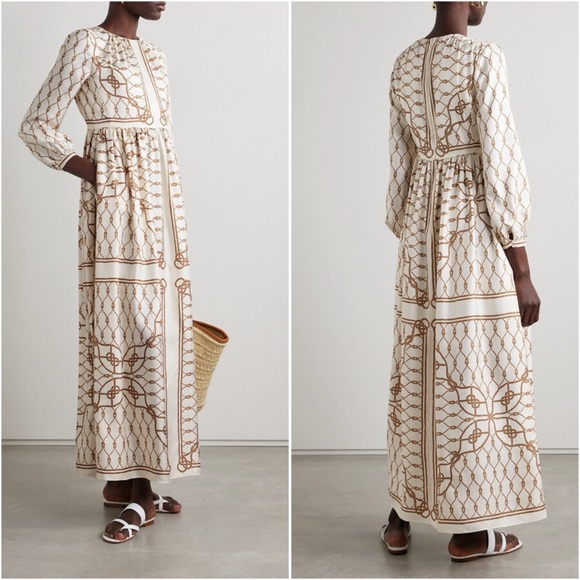 NWT Tory Burch Printed Gathered Silk-twill Maxi Dress - Neutrals $998 00 - Picture 2 of 11